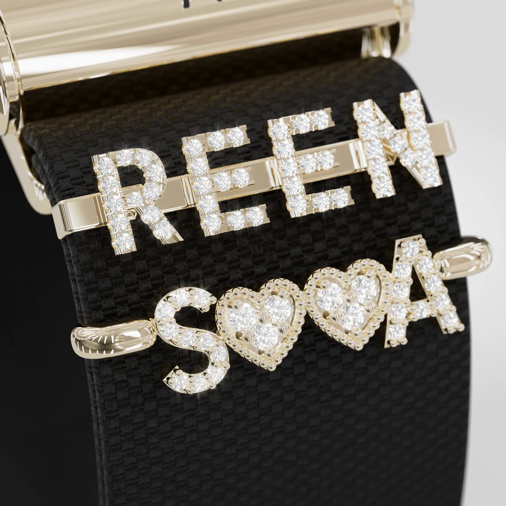 Macro detail of personalized gem-set lettering